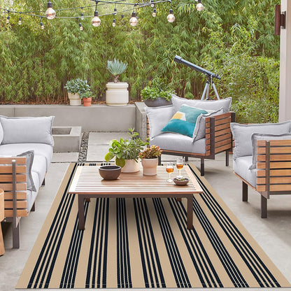 IOHOUZE Black and Tan Striped Rug 5'x7' Indoor Outdoor Rug, Washable Area Rug for Living Room, Large Patio Rug, Cotton Striped Rugs for Patio Living Room Bedroom