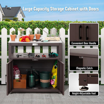 Garden Potting Bench with Storage Cabinet,Outdoor Gardening Table & Work Bench for Plants, Horticulture,Outdoor Workstation with Stainless Steel Tabletop,Outdoor Work Table