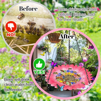 Bee Watering Station for Garden, Bee Bath Feeders for Outside with Vivid Flower Design, Hanging Butterfly Bowl with Glass Balls for Outdoor Courtyard Decoration (2Pcs-Pink)