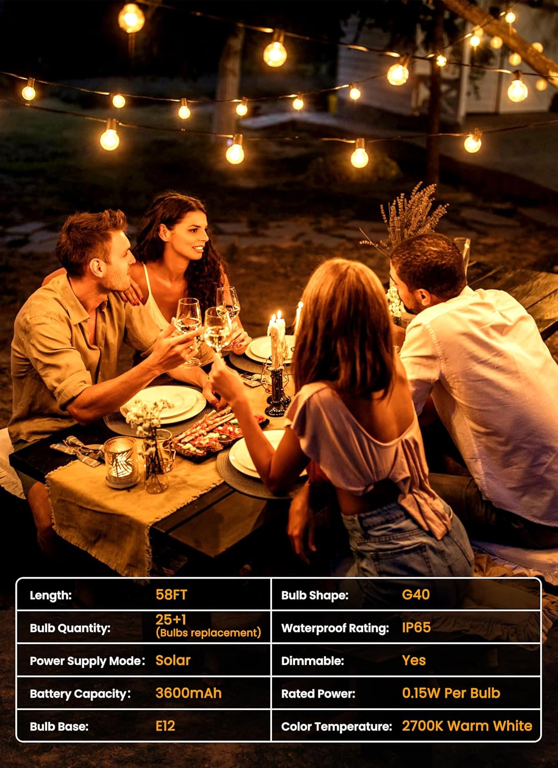 Brightown 58FT Solar String Lights Outdoor with Remote and 26 LED Shatterproof Bulbs, Dimmable & Timable, 3 Light Modes, Solar Patio String Lights Outdoor for Cafe, Garden, Deck, Outside Wedding