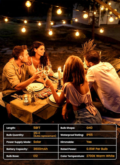 Brightown 58FT Solar String Lights Outdoor with Remote and 26 LED Shatterproof Bulbs, Dimmable & Timable, 3 Light Modes, Solar Patio String Lights Outdoor for Cafe, Garden, Deck, Outside Wedding