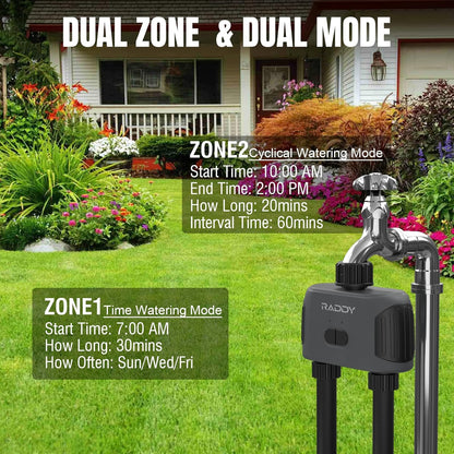 Raddy WS-3 WiFi Water Timer,2 Zones Sprinkler Timer for Garden Hose, Automatic Irrigation System with WiFi Hub, APP Control, Work with AWiFi Hub, Rain Delay for Lawns and Yard,2 Outlets