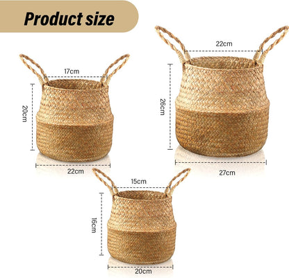 Patelai 3 Set Seagrass Belly Storage Basket Woven Plant Pot Holder with Handles for Plants Picnic Grocery Laundry(Natural Color)