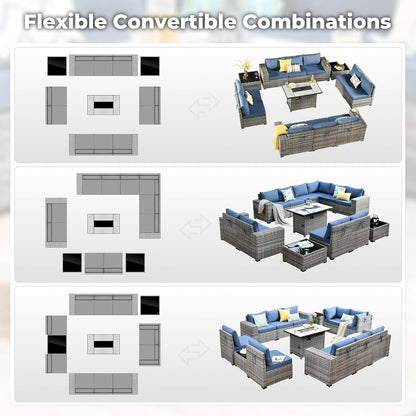ovios 13 Pieces Patio Furniture Set, Outdoor Wicker Sectional Sofa with 42 Inch Fire Pit Table Comfy Cushions, Modern Modular Deep Seat Rattan Couch Conversation Set, Denim Blue
