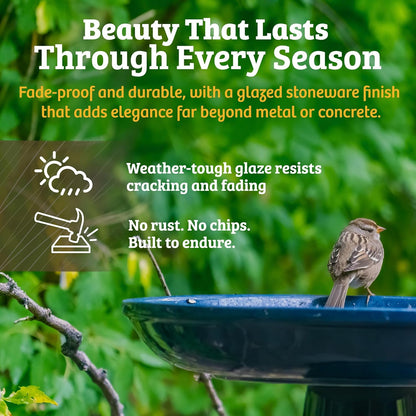Birds Choice Ohio Stoneware Bird Bath | Pedestal Bird Bath, Stable Locking Top | Weather-Resistant Ceramic Clay, Glazed Finish | Outdoor Garden & Patio Decor | 22" H x 17" D, Summer Green
