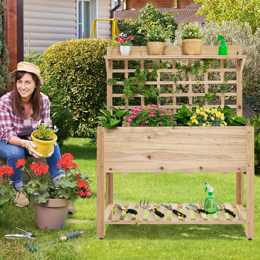 S AFSTAR Raised Garden Bed with Trellis, 41.5x16x54in Mobile Elevated Planter Box with Wheels, Bed Liner, Top/Bottom Storage Shelves, Freestanding Wood Planter Stand for Garden Patio Balcony