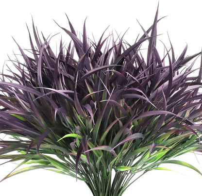 Ouddy Decor 16 Bundles Artificial Plants Outdoor Fake Grass Greenery Stems UV Resistant Faux Plastic Shrubs for Autumn Garden Pathway Front Porch Home Harvest Thanksgiving Halloween Decor, Purple