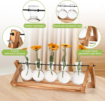 Retro Wood Stand Plant Terrarium with 5 Air Planter Bulb Glass Vases, Perfect for Home, Office, or Wedding Decor. Great Desktop Propagation Station and Plant Lover Gift for Women (5 Bulb Vase)