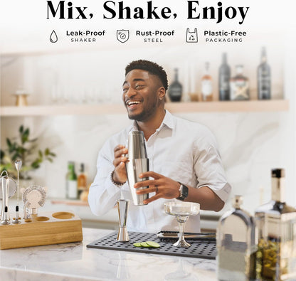 BARE BARREL® Mixology Bartender Kit Bar Set | 14-Piece Cocktail Shaker Set | Martini Barware Mixing Tools for Home Bartending | Incl. 35 Recipe Cards | Gift Set (28oz Boston Shaker, Silver/Natural)