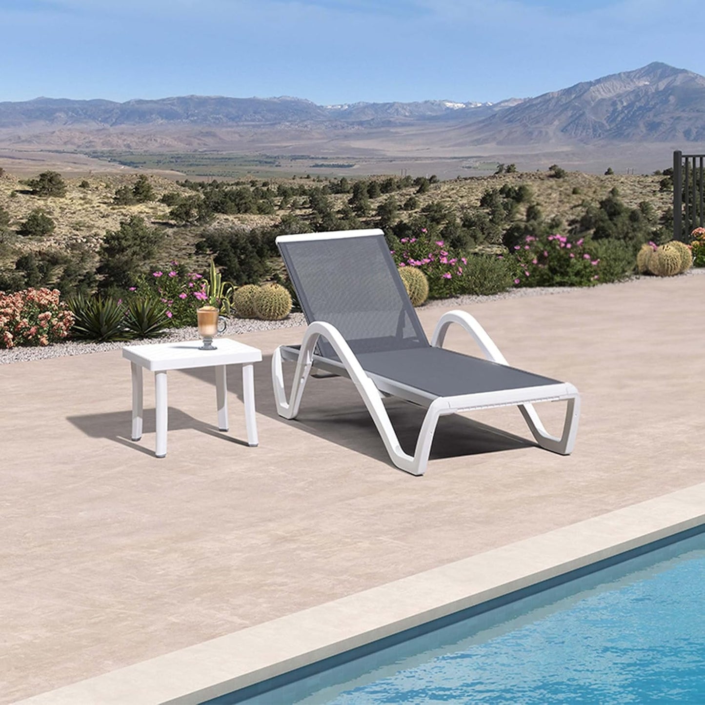 PURPLE LEAF Patio Chaise Lounge Chair Set Outside Aluminum Plastic Stackable Tanning Chairs with Armrests and Side Table for Pool Sunbathing Beach Deck Outdoor Lounger, Light Gray