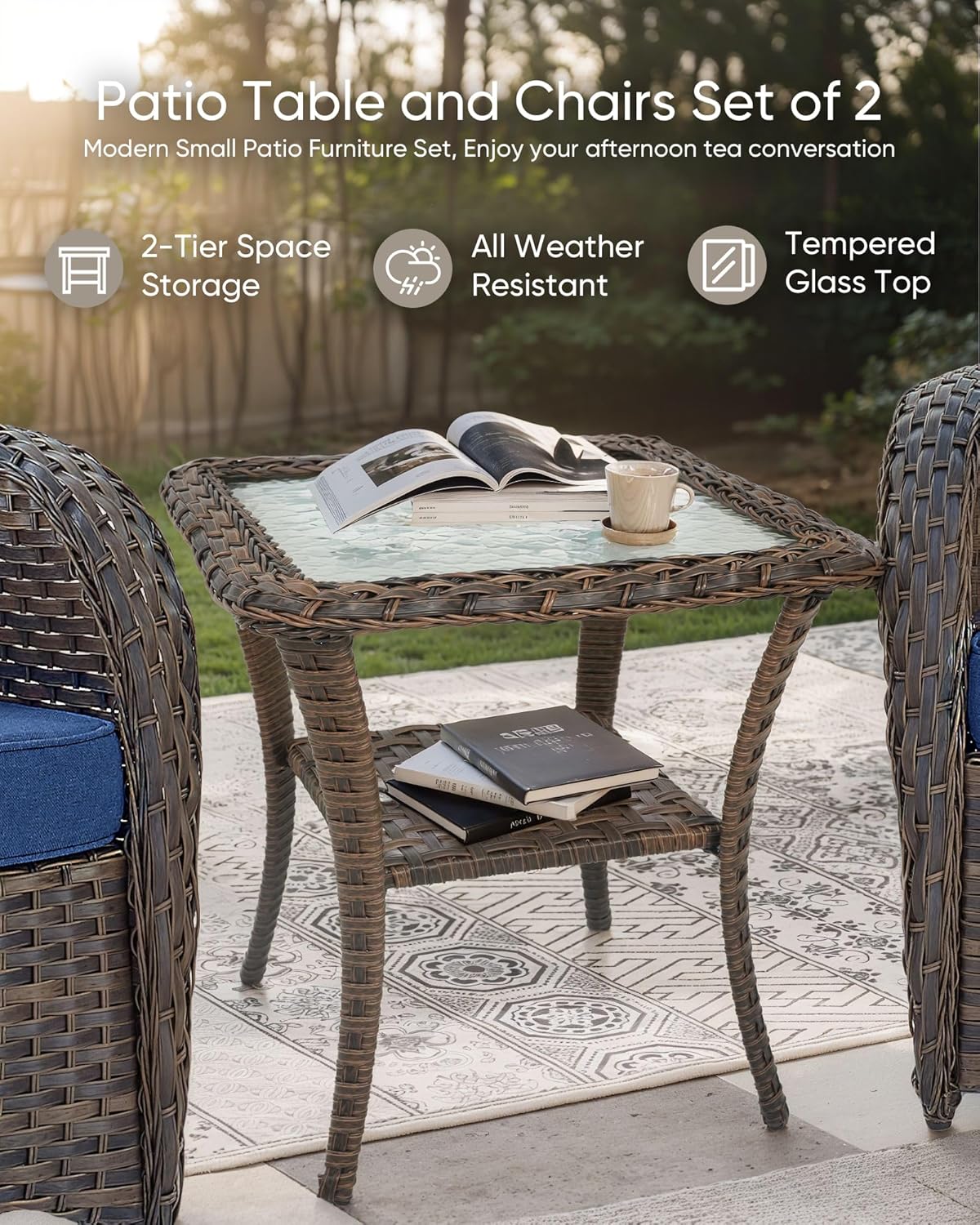 HUMMUH 3-Piece Outdoor Rocking Chairs,All-Weather PE Wicker Patio Rocker Chairs Bistro Set with Side Table,Porch Balcony Furniture with Cushions
