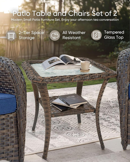 HUMMUH 3-Piece Outdoor Rocking Chairs,All-Weather PE Wicker Patio Rocker Chairs Bistro Set with Side Table,Porch Balcony Furniture with Cushions