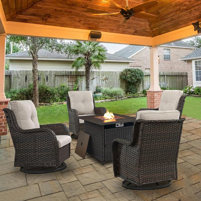 5 Pieces Patio Wicker Furniture Set - 4 Outdoor Swivel Rocker Glider Chairs with 50000BTU Propane Fire Pit Table, Patio Conversation Set Beige Cushion Perfect for Casual Gathering