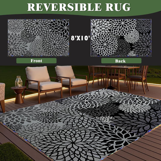 Outdoor Rug 8x10 ft with LED Light, Waterproof Reversible Outdoor Plastic Straw Rug for Patios Clearance, Large Outdoor Area Rug Carpet RV Mat for Camping Backyard Deck Porch Beach