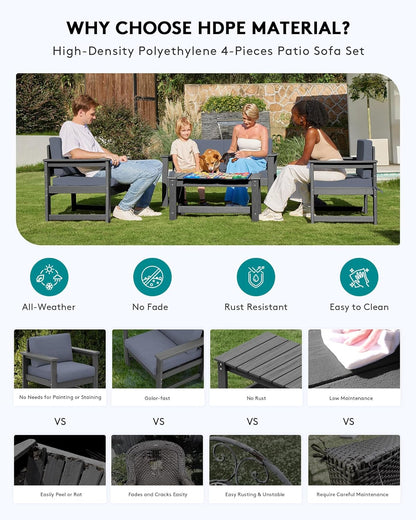 SERWALL 2 Pieces Single Cushioned Sofa Chair, Grey HDPE Outdoor Adirondack Lounge Armchair with Grey Cushion