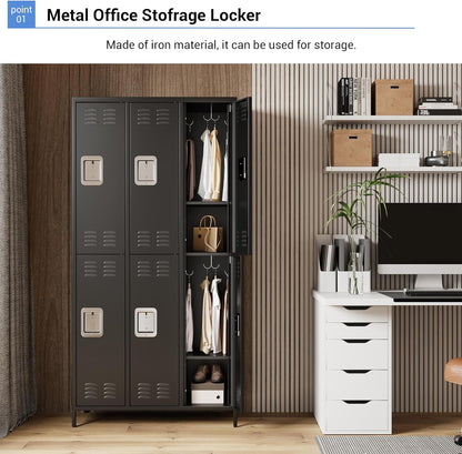 72" Metal Lockers for Employees with 6 Door, Black Metal Storage Cabinet with 18 Hooks, Industrial Locker, Assembly Required, for Gym, School, Classroom, Home, Bedroom, Office, Industrial