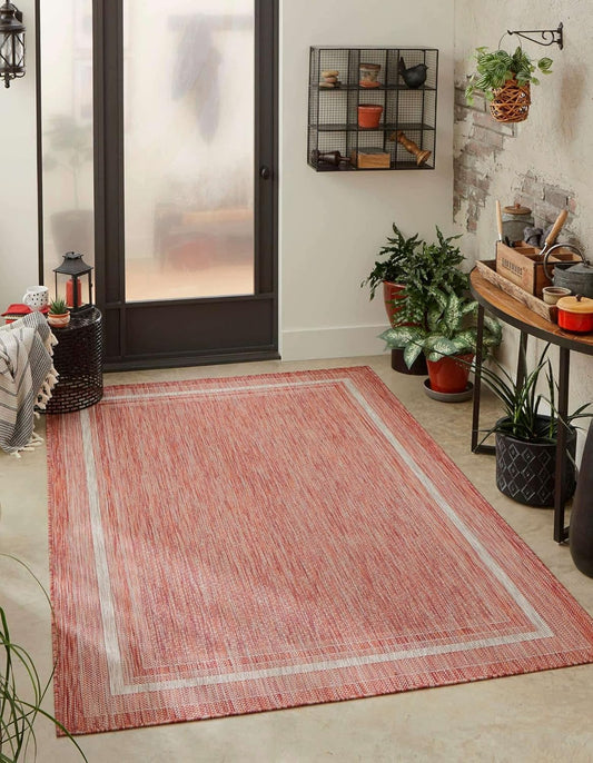 Unique Loom Outdoor Border Collection Area Rug - Soft Border (7' 10" x 10' Rectangle Rust Red/Ivory)