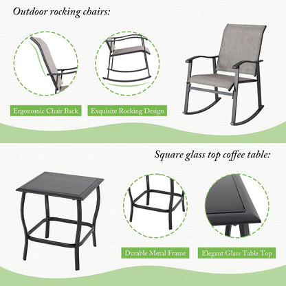 Shintenchi 3 Piece Rocking Bistro Set, Outdoor Furniture with Rocker Chairs and Glass Coffee Table Set of 3, Balcony, Porch Furniture for Small Space, Gray
