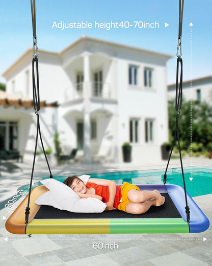 Tree Swing for Kids and Adults, 60" Waterproof Rectangle Platform Swing, 700lbs Heavy Duty with Adjustable Straps, Rainbow