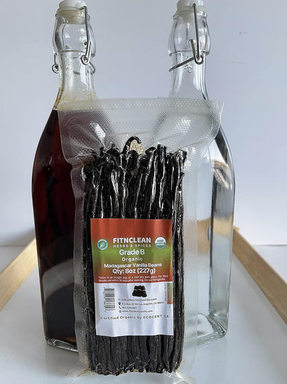 8oz Organic Madagascar Vanilla Beans Grade B for Extract. Certified USDA Organic. 5"-7" by FITNCLEAN VANILLA for Paste and Baking (1/2 Lb) Whole NON-GMO Pods
