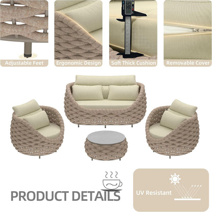TWT Patio Furniture Sofa Set 4 Pieces Aluminum Outdoor Furniture w/25.6in Coffee Table,Patio Conversation Set with Hand Woven Textilene Rope for Backyard Garden Poolside (Khaki)