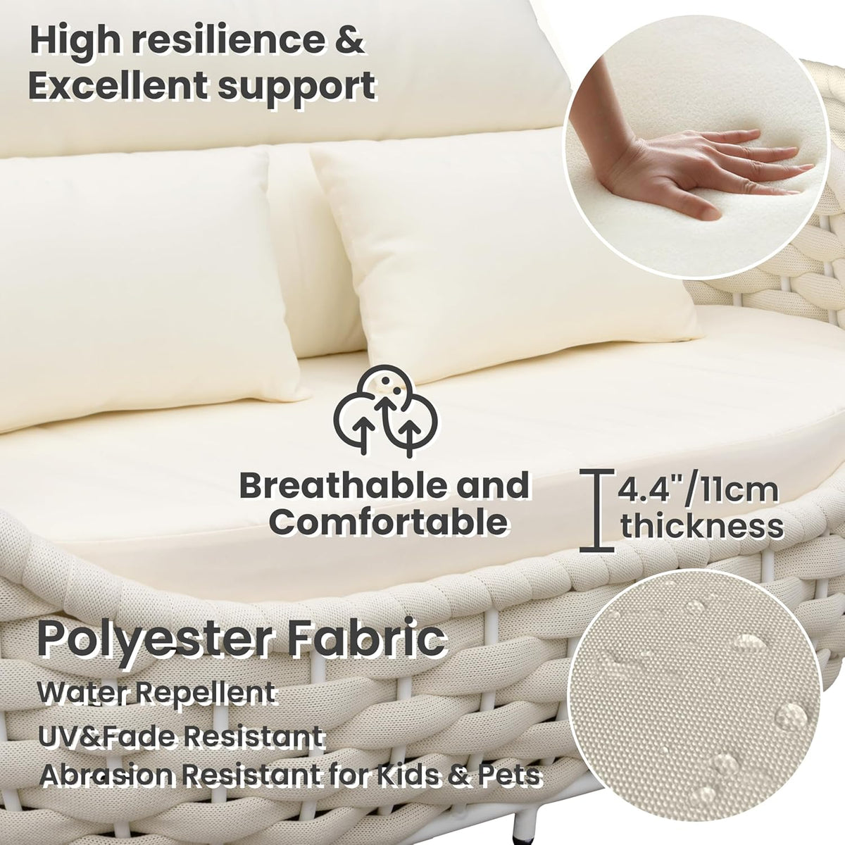 Woven Rope Outdoor Sofa Set: 5 Pieces Aluminum Patio Conversation Set Assembled - All Weather Cushioned Porch Furniture Couch - Modern Metal Lounge Set for Deck Yard Resort Hotel Sunroom, Beige