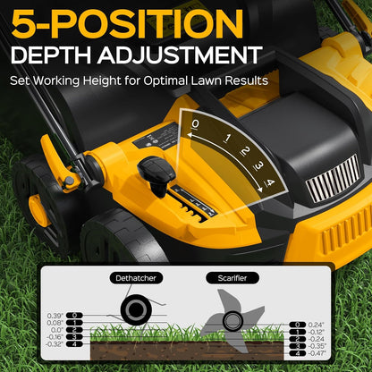 16-Inch 15.5 Amp 2-in-1 Electric Dethatcher and Scarifier, Lawn Dethatcher Rake with 14.5-Gallon Removable Thatch Bag, 5-Position Adiustment, Quick-Fold, Keeps Lawn Healthy - Yellow