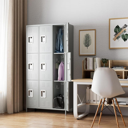 METAN Metal Storage Locker for School Office Gym Bedroom, 9 Doors Locker Cabinet for Employees, Industrial Steel Storage Locker with 18 Hooks, Assembly Required (9 Door-Light Gray)