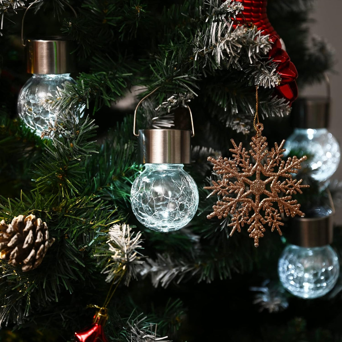 GIGALUMI 16 Pack Solar Outdoor Lights - Hanging Lights for Christmas Decoration - Cracked Glass, Waterproof for Garden, Yard, Fence, Tree (Cold White)