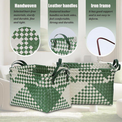BROWNLILY Handwoven Clothes Basket Laundry Hampers Large Wicker Storage Baskets for Shelves Blankets Closet Storage Bins Car Bedroom Bathroom Organizers and Storage Bath (Pack of 4, Green&White)