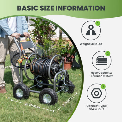 Giraffe Tools Hose Reel Cart, Hose Cart with Wheels Heavy Duty, Industrial Hose Reels for Outside, 250-Feet of 5/8" Hose Capacity, Hose Guide Pre-Installed