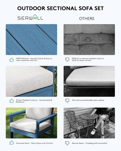 SERWALL HDPE Patio Furniture Set, 7-Piece Outdoor Sectional Sofa Set, All Weather Outdoor Couch Set for Deck, Lawn, Blue Frame with Khaki Cushion