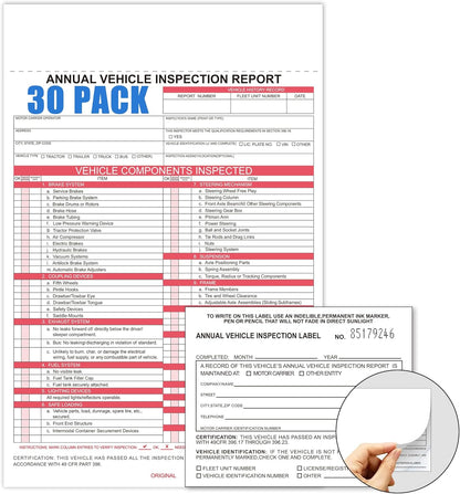 30-Pack Annual Vehicle Inspection Report Form & Adhesive Vinyl Label 2-Ply,3-Ply Carbonless Form DOT Compliant