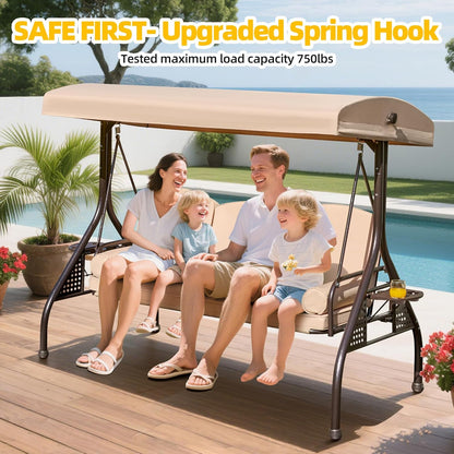 3-seat Patio Swing with Canopy,Convertible Outdoor Swing Bed with Thick Cushions, Pillows & Cup Holders, 3-Seat Outdoor Swings Chair for Backyard, Garden, Deck(Khaki)