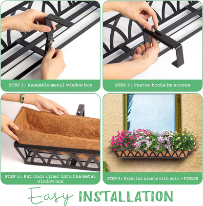 Window Box Railing, 36 Inch Black Metal Hanging Flower Planter Basket with Coco Liner for Outdoor Balcony Porch Fence Patio for Home, Office and Hotel (Black - 2 Pcs/Set)
