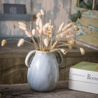 Gray Ceramic Vase with 2 Handles, Modern Farmhouse Decor, Rustic Terracotta Pottery, Decorative Flower Vases, Clay Small Vase, Centerpiece for Dining Table - 7 Inch Tall