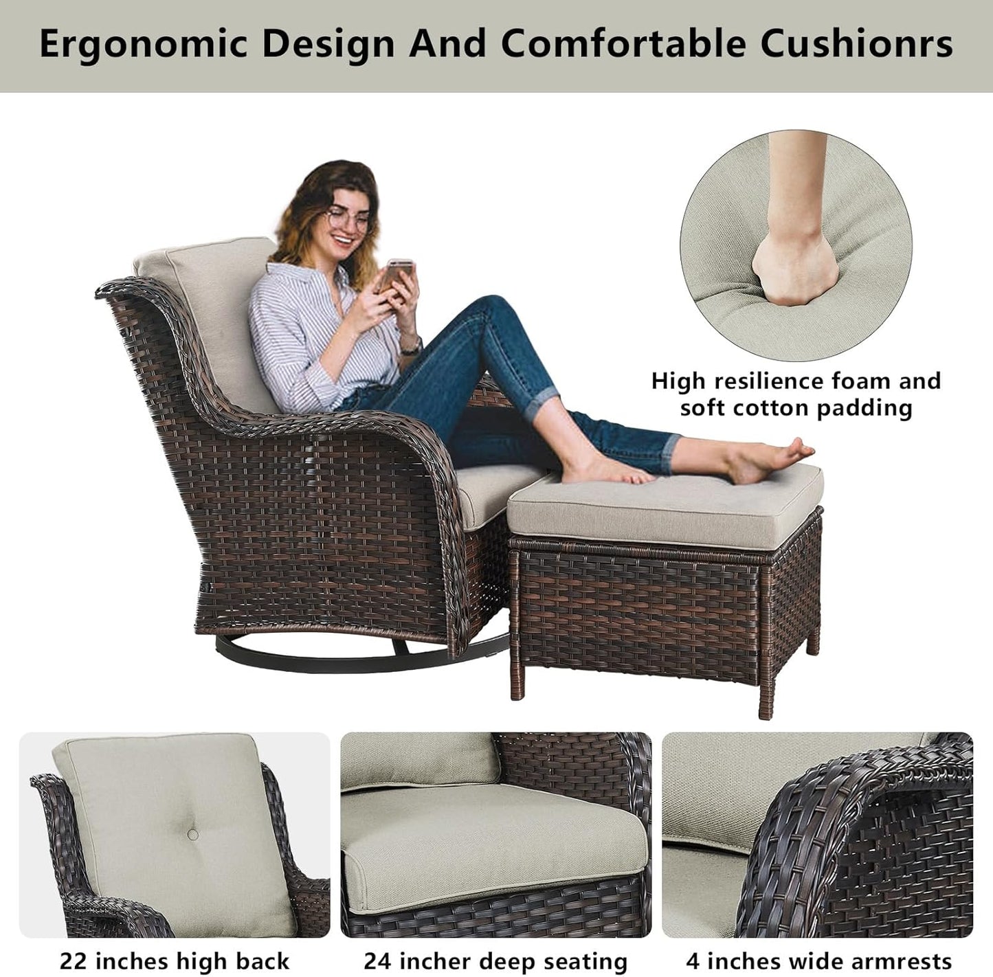 Wicker Outdoor Furniture Patio Furniture Set - 6 Piece Patio Conversation Set with Swivel Rocker Chairs, Rattan Sofa, Ottomans and Coffee Table, Beige Cushion