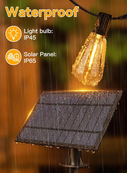 Ollny 15+1 LEDs ST38 Solar String Lights, 30 FT USB & Solar Dual Charging Outdoor String Lights, 3 Modes 5 Timers 10 Brightness 2200K Waterproof Patio Lights for Porch Garden Market Bistro Camping