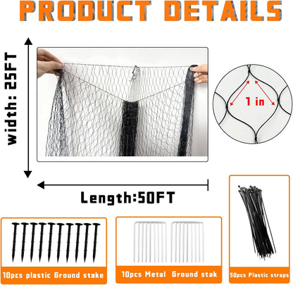 Bird Netting for Garden Heavy Duty Nylon Mesh Garden Netting for Garden Protection Bird Fence Plant Netting Protection Against Birds, Deer, Squirrels and Other Animals (25x50FT)