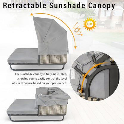 kevinplus Outdoor Patio Sunbed Daybed Double Lounge with Adjustable Canopy for Garden Backyard Pool, Iron Frame & Rattan Material & Moveable Cushion Cover, Gray