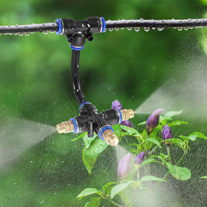 Mornajina 3Packs 3 Way Brass Misting Nozzles Tee with 13inch Built in Hose for Outdoor Cooling System, Adjustable 360° Rotation, Water Mister Nozzles Thread Sprayer 0.043" (1.1 mm)