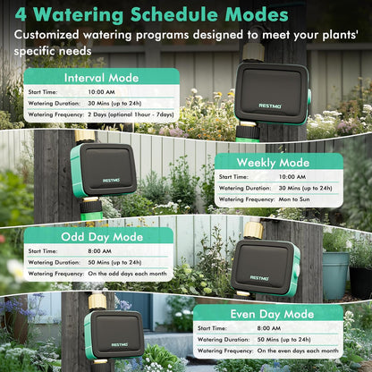 RESTMO Smart Sprinkler Timer with Flow Meter, Water Timer for Garden Hose, Brass Inlet & Outlet, Automatic Lawn & Yard Irrigation Watering System, APP Control (Bluetooth Connection, Not Include Hub)