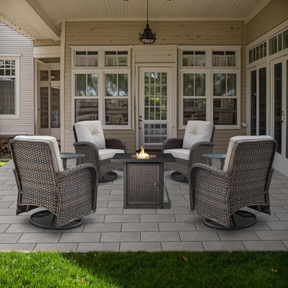 7-Piece Modern Brown Patio Conversation Set - 4 Swivel Glider Chairs & 50,000 BTU Propane Fire Table