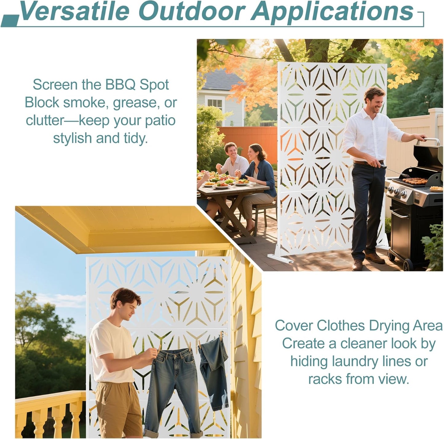 Metal Privacy Screen Outdoor Freestanding Privacy Wall Panels and Decorative Patio Dividers, Crafted from Steel with Sun-Proof Design, Ideal for Patio, Deck, Garden,72" H×47" L,（White&Star）