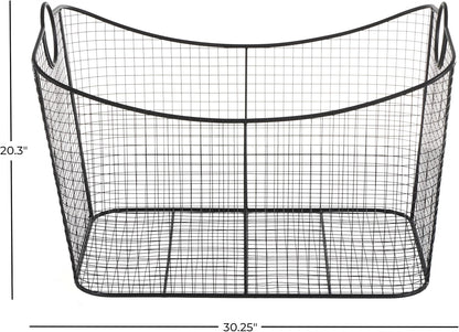 Deco 79 Metal Large Open Frame Wire Grid Storage Basket with Curved Sides and Ring Handles, 30" x 20" x 20", Black