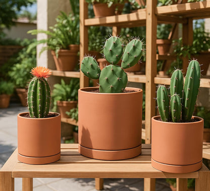 D'vine Dev Terracotta Pots for Plants, 5.3 Inch 6.5 Inch 8.3 Inch, Round Cylinder Planter Pot with Drainage and Saucer, 40-T-B-0