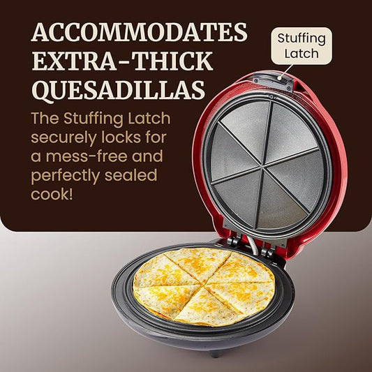 Elite Gourmet 11" Cheesy Quesadilla Maker, 2-Position Locking Latch For Extra Stuffing, Easy-Slice 6-Wedge, Red