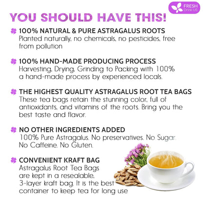 FreshDrinkUS, Premium 75 Astragalus Root Tea Bags, 100% Natural & Pure from Astragalus Root. Astragalus Root Herbal Tea. Made with Natural Material Tea Bags. No Sugar, No Caffeine, No Gluten, Vegan.