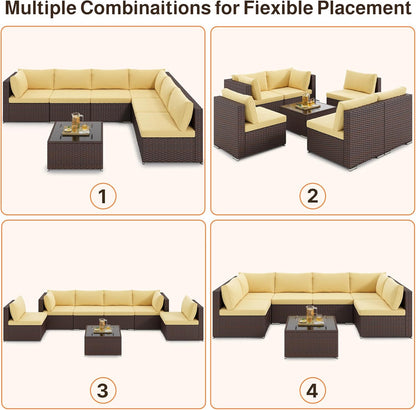 Ahomly 7-Piece Patio Furniture Set, Outdoor Sectional Couch with Water-Resistant Cushions & Coffee Table, PE Rattan Outdoor Patio Sofa Set for Backyard, Deck, Garden, or Porch, Beige
