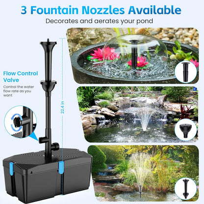 Pond Filters for Outdoor Ponds, 820 GPH Pond Filter with Fountain Pump Kits, 60W Pond Pump and Filter Kit for Koi Pond Clean, Garden Fountains, Waterfall